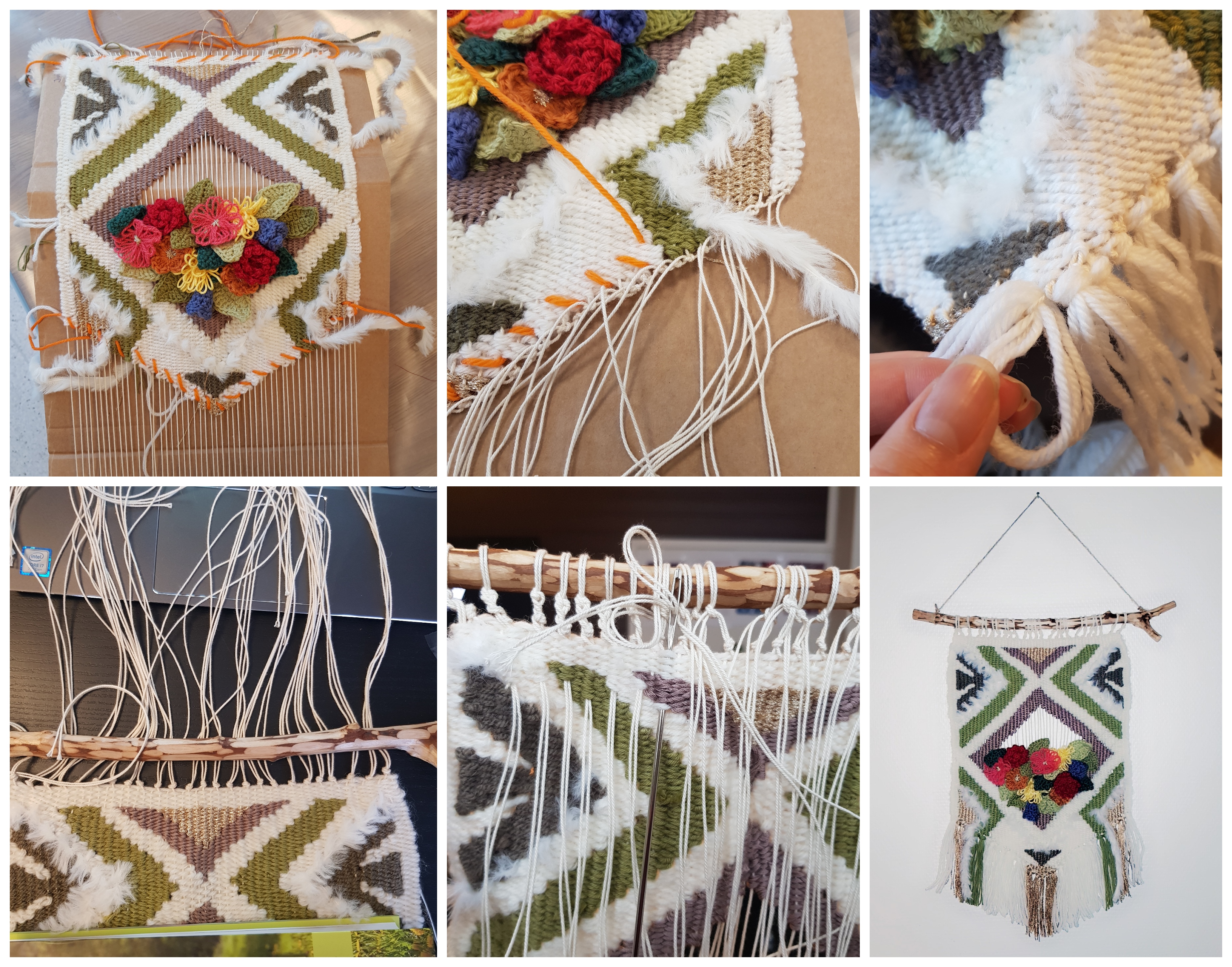 Vevd tapestry med heklede blomster på drivved