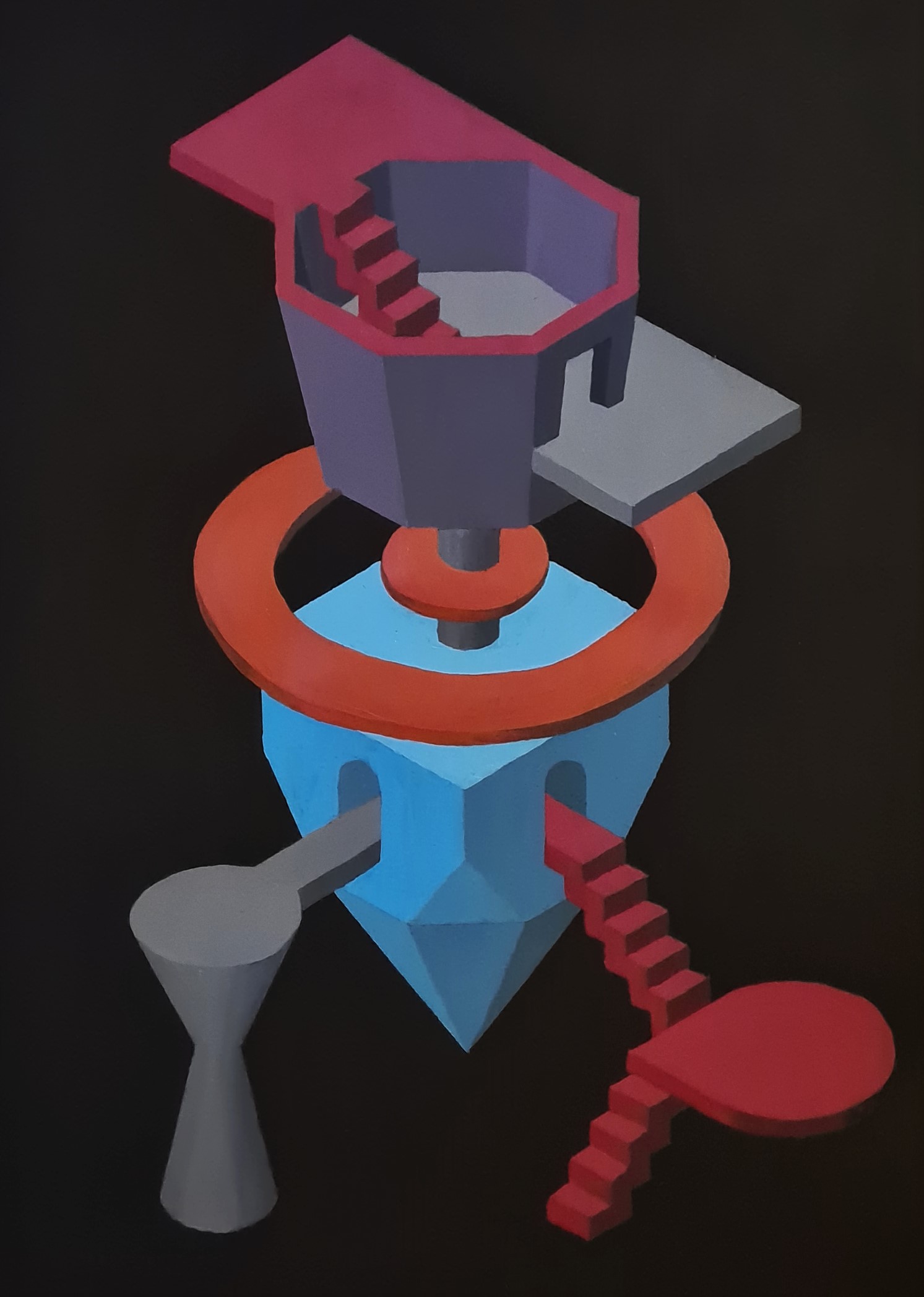 Surrealistisk geometrisk maleri i rosa, blå og rød på svart bakgrunn
