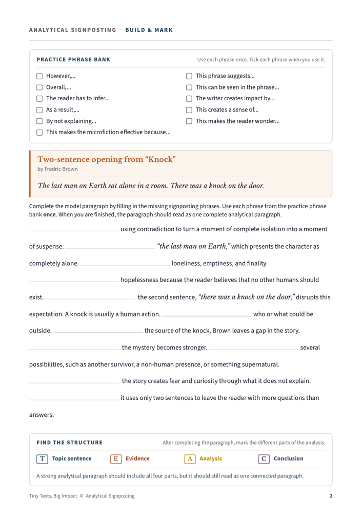 Arbeidsark: Analytical Signposting — Build & Mark, øvelse