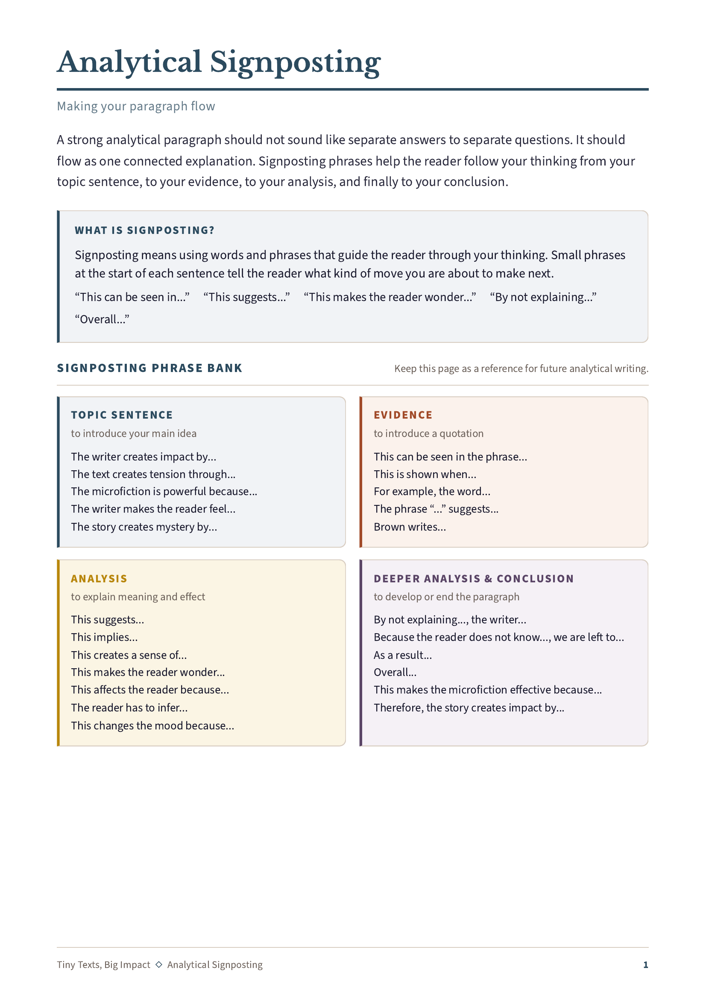 Arbeidsark: oversikt over Analytical Signposting med phrase bank